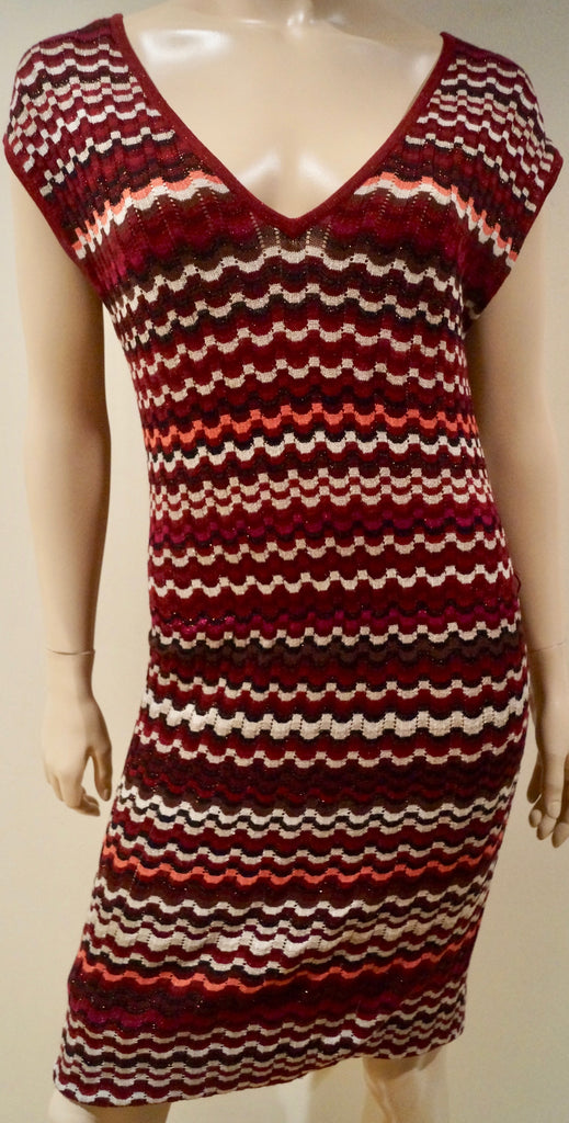 MISSONI LINDEX Burgundy Cream Pink Metallic Thread Short Sleeve Ribbed Dress S