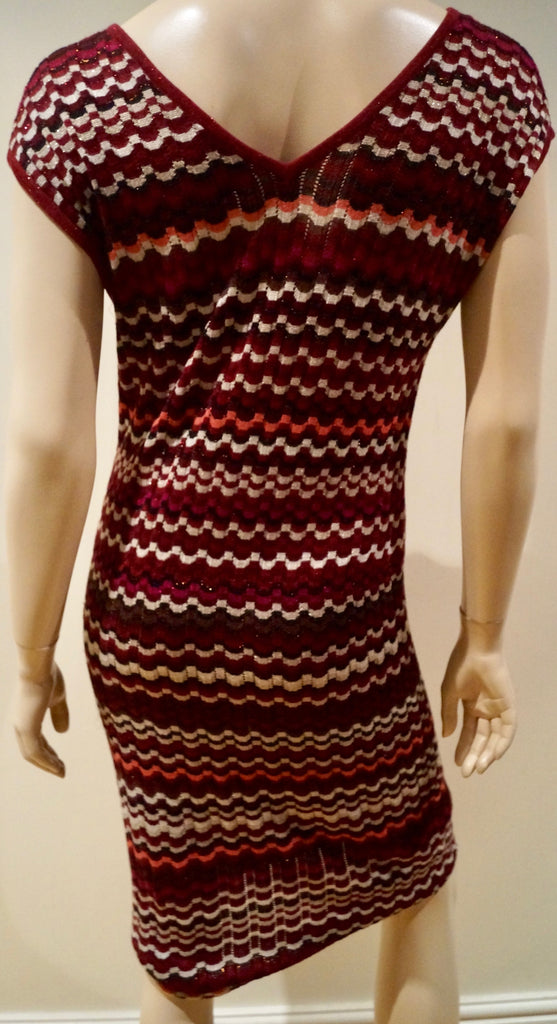 MISSONI LINDEX Burgundy Cream Pink Metallic Thread Short Sleeve Ribbed Dress S