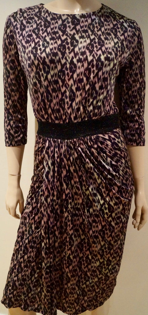 SALONI Black Brown Silk Geometric Animal Print Elastic Waist Formal Dress UK12