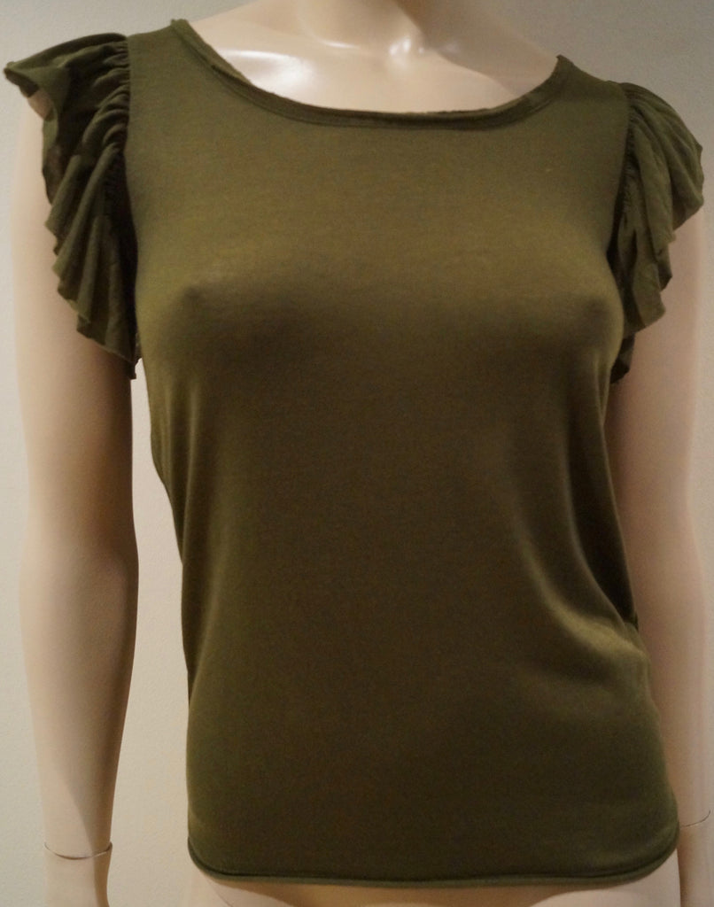 PAUL & JOE SISTER Women's Khaki Green Scoop Neck Pleated Cap Sleeve Top S