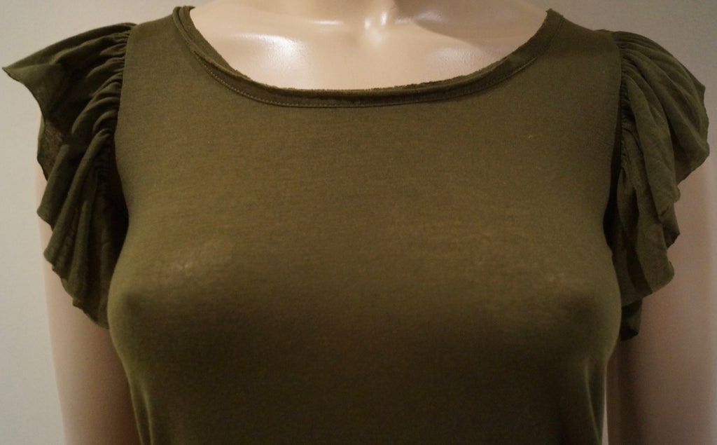 PAUL & JOE SISTER Women's Khaki Green Scoop Neck Pleated Cap Sleeve Top S