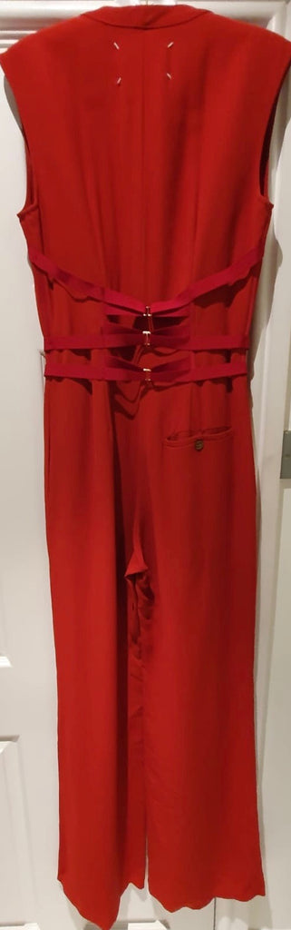 MAISON MARGIELA Red Wool Blend Corset Detail Sleeveless Wide Leg Jumpsuit 40/8
