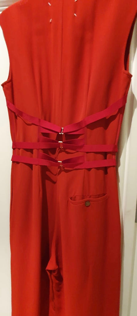 MAISON MARGIELA Red Wool Blend Corset Detail Sleeveless Wide Leg Jumpsuit 40/8