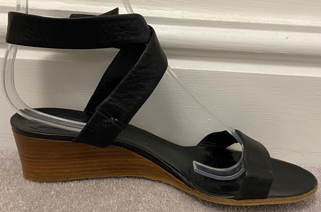 VERONIQUE BRANQUINHO Black Leather Stacked Wooden Wedge Sandals Shoes 39 6