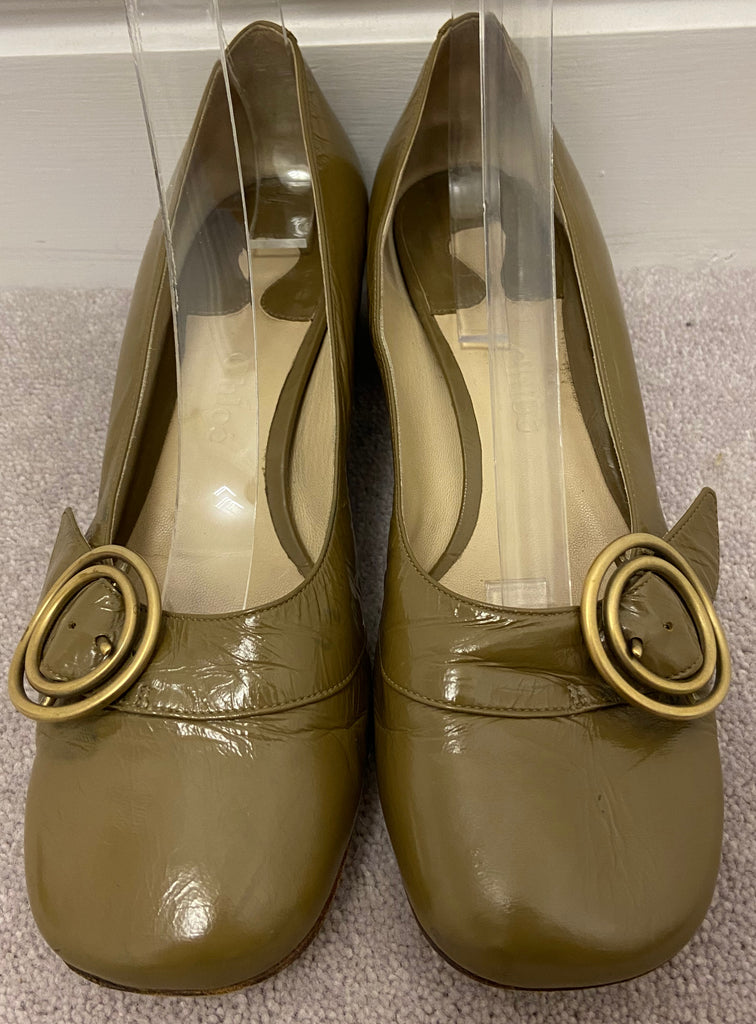 CHLOE Green Shined Leather Square Toe Gold Tone Detail Block Heel Shoes EU39 UK6