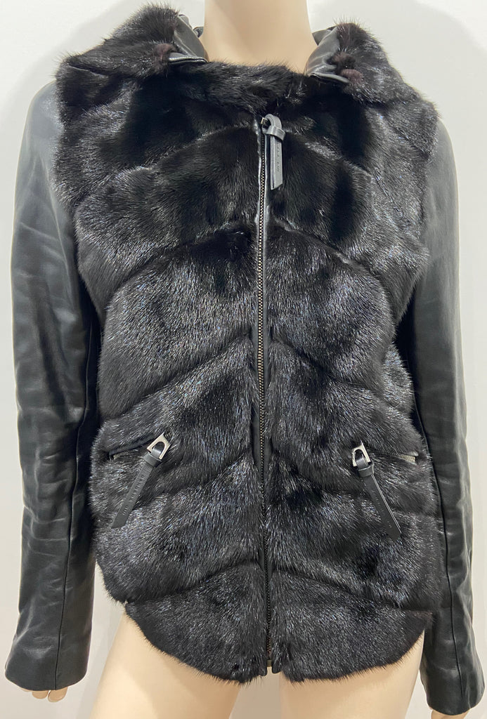 BARBARA BUI FOURRURES Black Mink Fur & Leather Detachable Hood Jacket 42 UK14