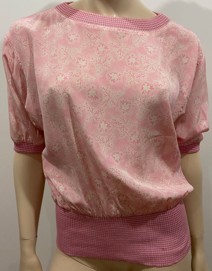 UNGARO SOLO DONNA PARIS Pink Silk Floral Print Ribbed Hemline Blouse Top 44/10