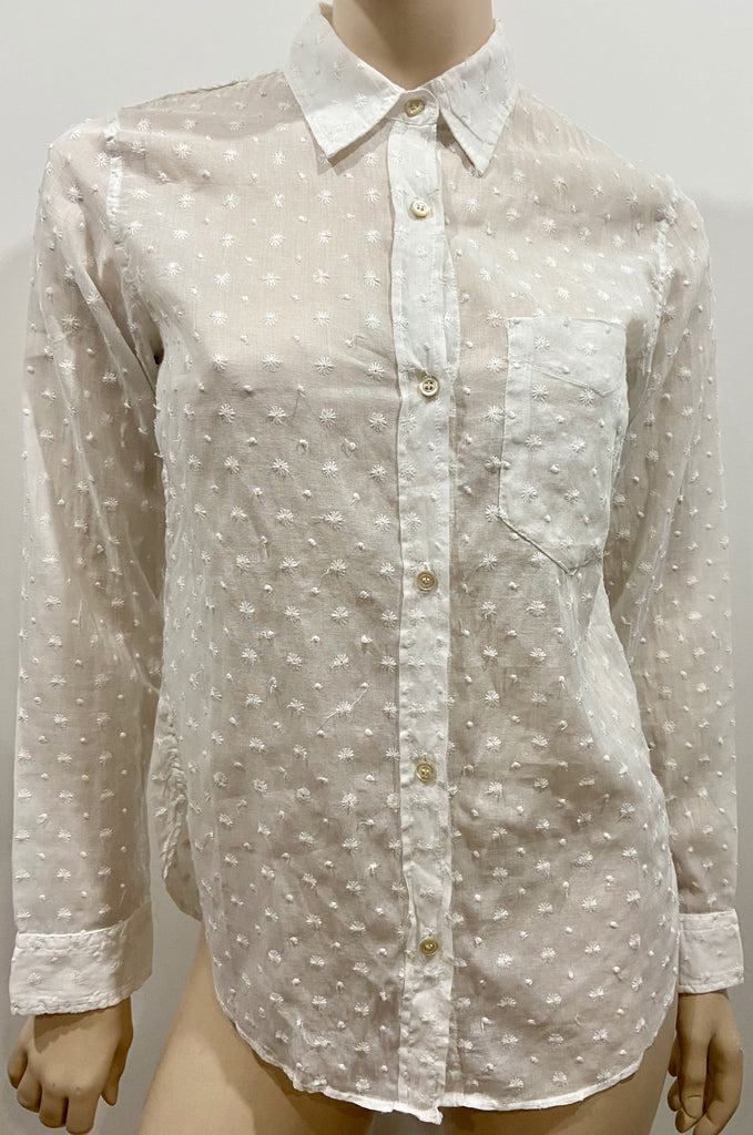 ISABEL MARANT White Collared Stitch Detail Long Sleeve Semi Sheer Blouse Shirt S