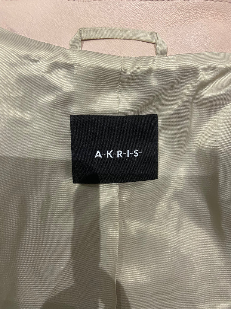 AKRIS Pale Pink Leather Plunge V Neckline Lapels Long Sleeve Blazer Jacket UK14