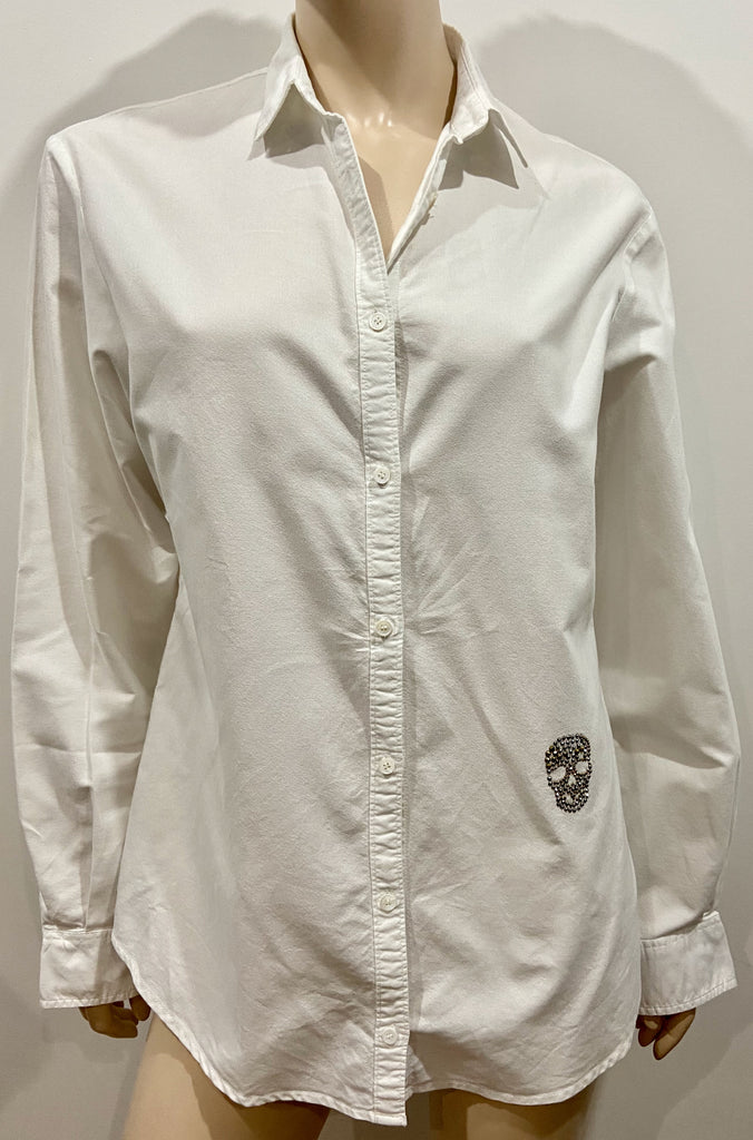 ZADIG & VOLTAIRE White Cotton TRAVIS Crystal Skull Long Sleeve Blouse Shirt Top