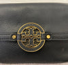 TORY BURCH Black Pebbled Leather Gold Tone Branded Flap Over Shoulder Bag