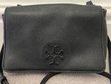 TORY BURCH Black Pebbled Leather Branded Flap Over Fastened Lined Shoulder Bag