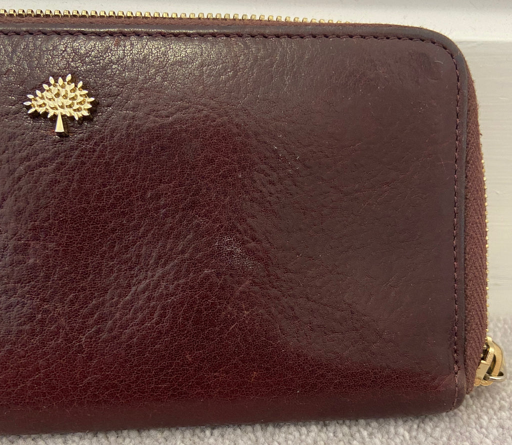 MULBERRY Burgundy Plum Leather Gold Tone Branded Zip Fasten Large Purse Wallet