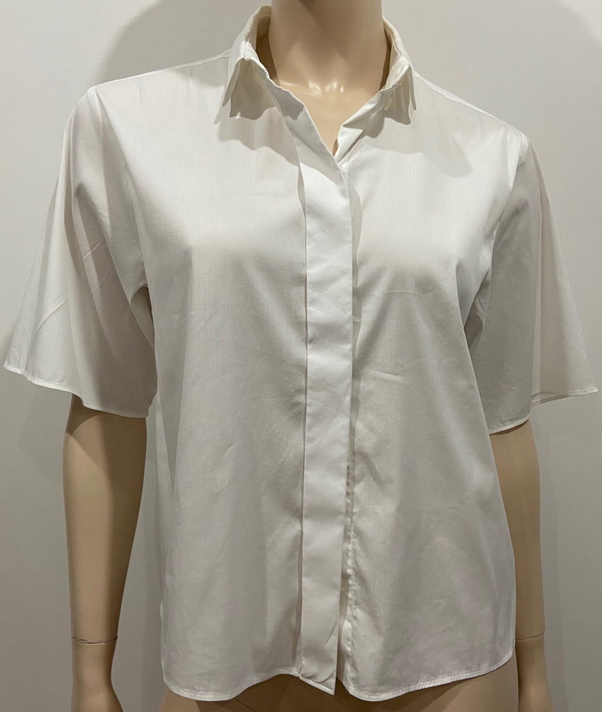 COS White Cotton Blend Collared Hidden Buttons Short Sleeve Blouse Shirt Top UK8