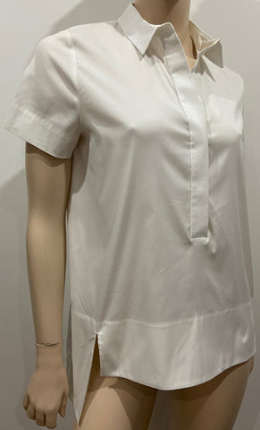 COS White Cotton Blend Round Neck Pleat Hemline Short Sleeve Blouse Shirt Top 34