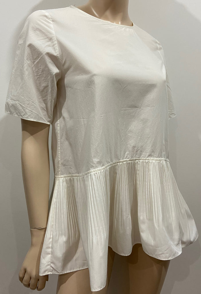 COS White Cotton Blend Round Neck Pleat Hemline Short Sleeve Blouse Shirt Top 34