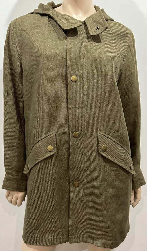 APC RUE MADAME PARIS Khaki Green 100% Linen Hooded Lined Jacket Coat M