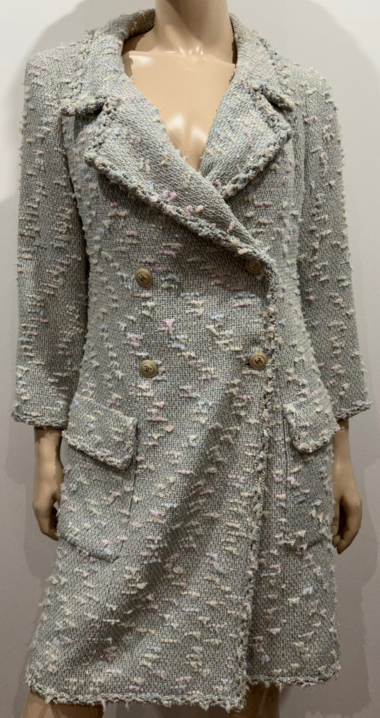 CHANEL Pale Blue Tweed Cotton Wool Blend Textured Silk Lined Jacket Coat 42 UK14