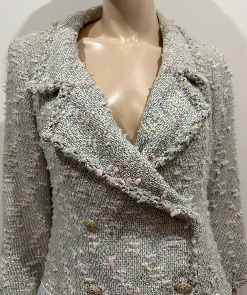 CHANEL Pale Blue Tweed Cotton Wool Blend Textured Silk Lined Jacket Coat 42 UK14