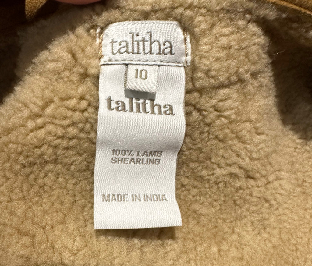TALITHA Tan 100% Lamb Shearling Suede Aztec Trim Sleeveless Gilet Jacket UK10