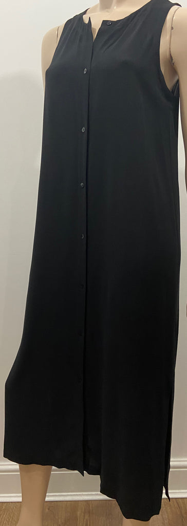 EILEEN FISHER Black Silk Round Neck Front Button Fastened Sleeveless Dress XS