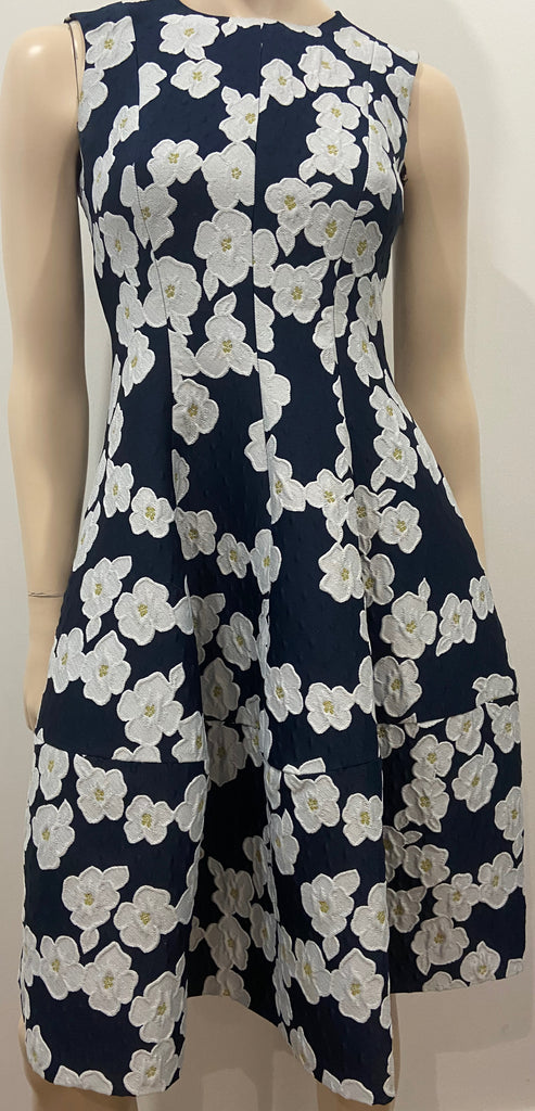 CAROLINA HERRERA Navy & White Floral Print Dress With Matching Cardigan UK6 XS