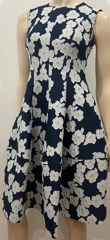 CAROLINA HERRERA Navy & White Floral Print Dress With Matching Cardigan UK6 XS