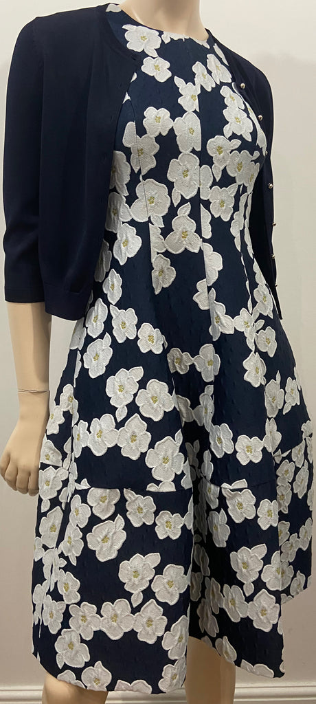 CAROLINA HERRERA Navy & White Floral Print Dress With Matching Cardigan UK6 XS