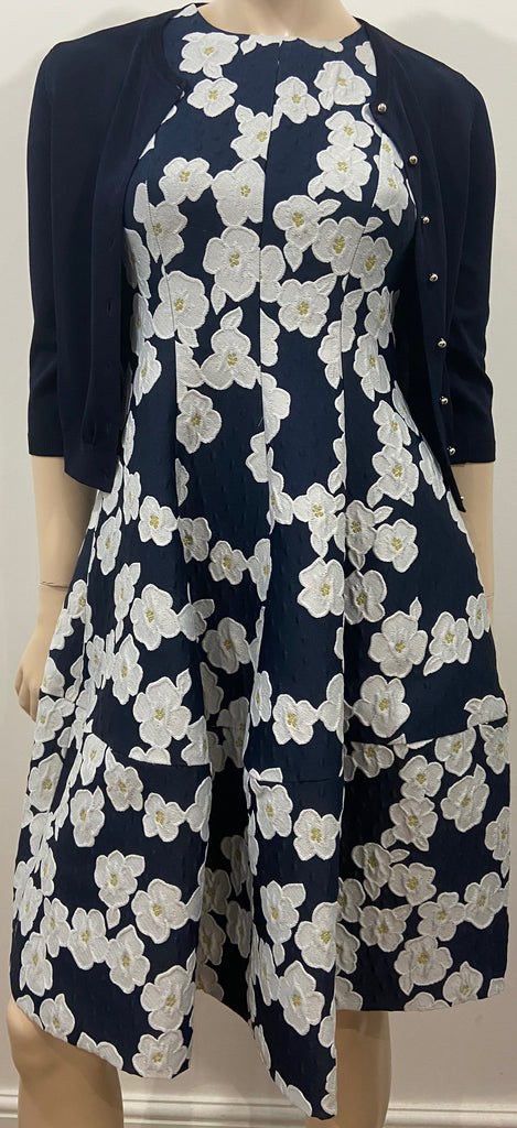 CAROLINA HERRERA Navy & White Floral Print Dress With Matching Cardigan UK6 XS