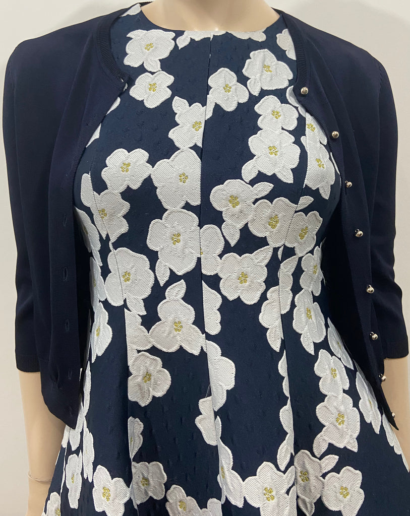 CAROLINA HERRERA Navy & White Floral Print Dress With Matching Cardigan UK6 XS