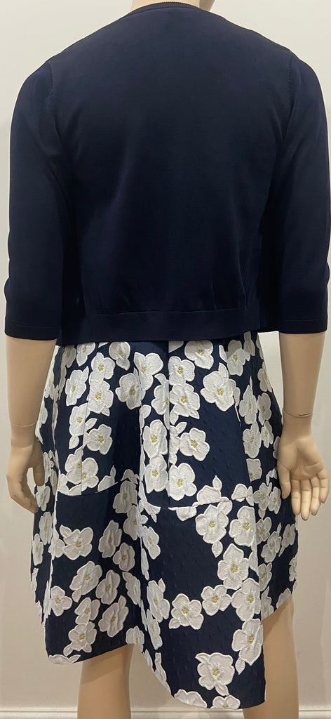 CAROLINA HERRERA Navy & White Floral Print Dress With Matching Cardigan UK6 XS