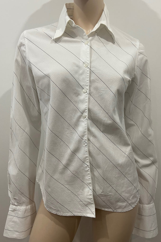 ANNE FONTAINE White Cotton Black Stripe Long Sleeve Textured Blouse Shirt Top 3