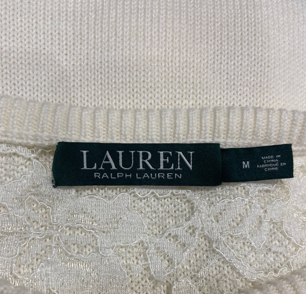 LAUREN RALPH LAUREN Winter White Cotton Lace Detail Jumper Sweater Top M