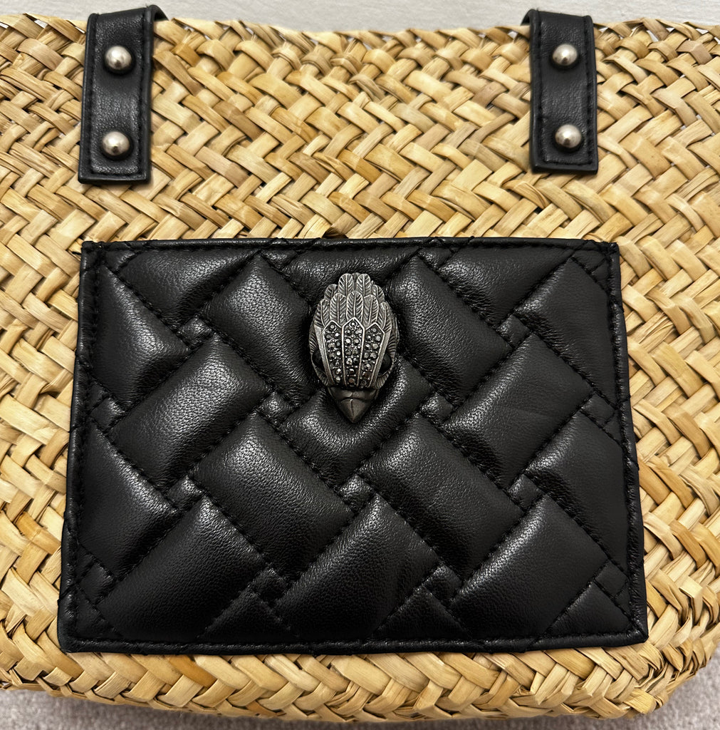 KURT GEIGER LONDON Kensington Beige Raffia Wicker Black Leather Shopper Bag