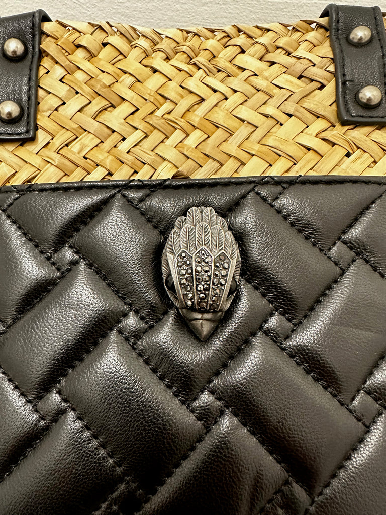 KURT GEIGER LONDON Kensington Beige Raffia Wicker Black Leather Shopper Bag