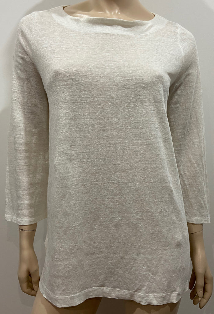 EILEEN FISHER Winter White 100% Linen Round Neck 3/4 Sleeve T-Shirt Tee Top XS
