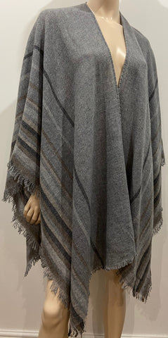 EILEEN FISHER Grey Pale Blue Cotton Multicoloured Fringed Wrap Shawl Cape 1 Size