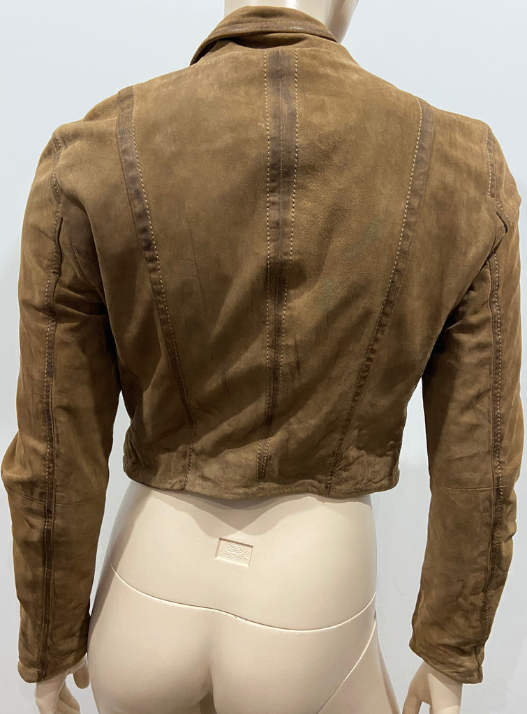 MUUBAA Brown Suede Boned Collar Long Sleeve Lined Fitted Crop Jacket 38 UK10