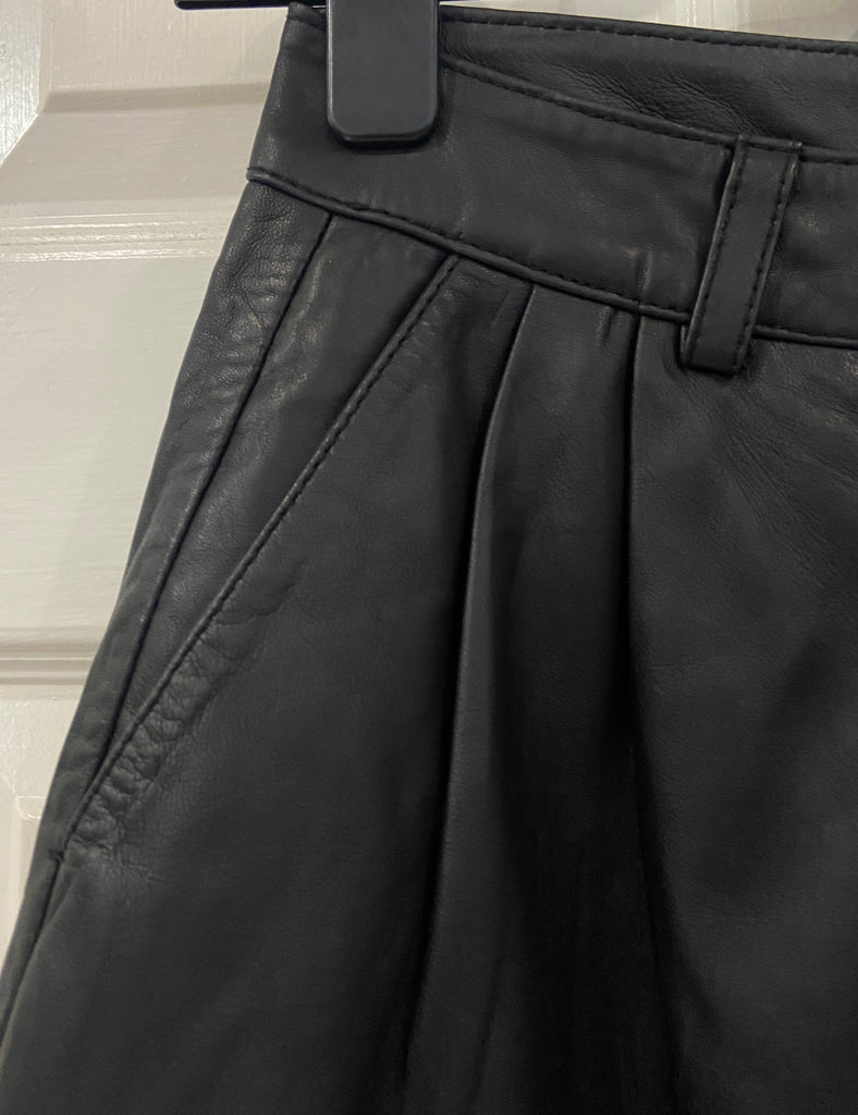 SELECTED FEMME Black 100% Leather Pleated Wide Leg Cropped Capri Trousers 34/XS