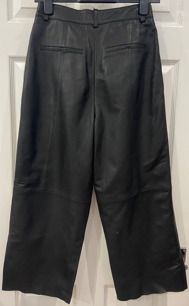 SELECTED FEMME Black 100% Leather Pleated Wide Leg Cropped Capri Trousers 34/XS