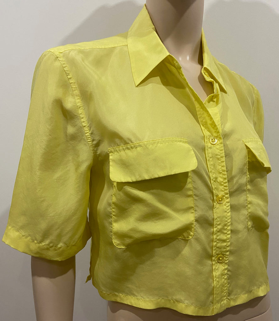 EQUIPMENT FEMME Yellow 100% Silk Collared Short Sleeve Cropped Blouse Shirt S/P