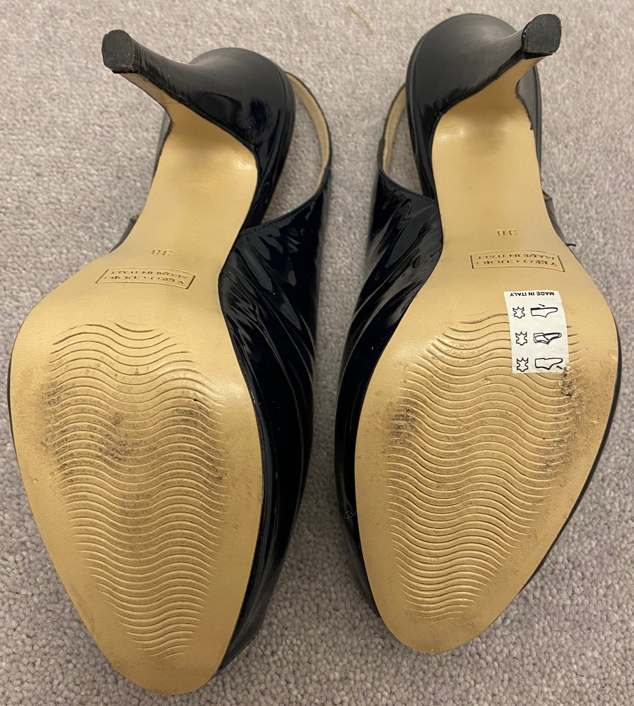 DANIEL Navy Blue Leather Patent Open Toe Platform High Stiletto Sandal Shoes UK5