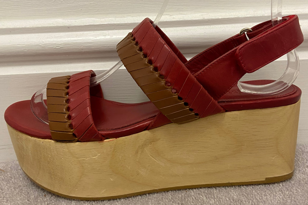 WHISTLES Rust Red & Brown Leather Wooden Platform Wedge Sandals Shoes EU 38 UK5