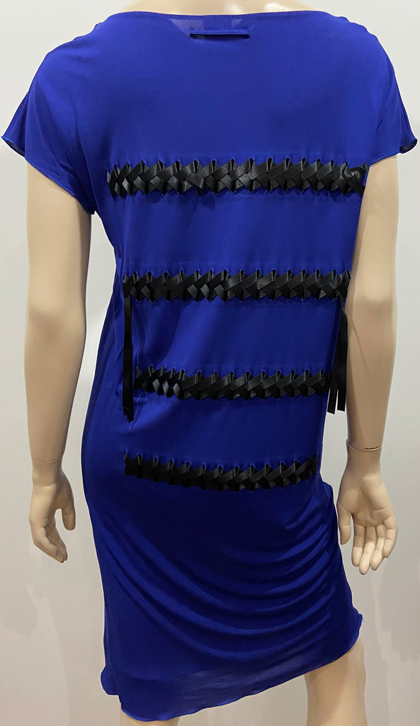 JEAN PAUL GAULTIER FEMME Royal Blue w Black Ribbon Detail Short Sleeve Dress UK8