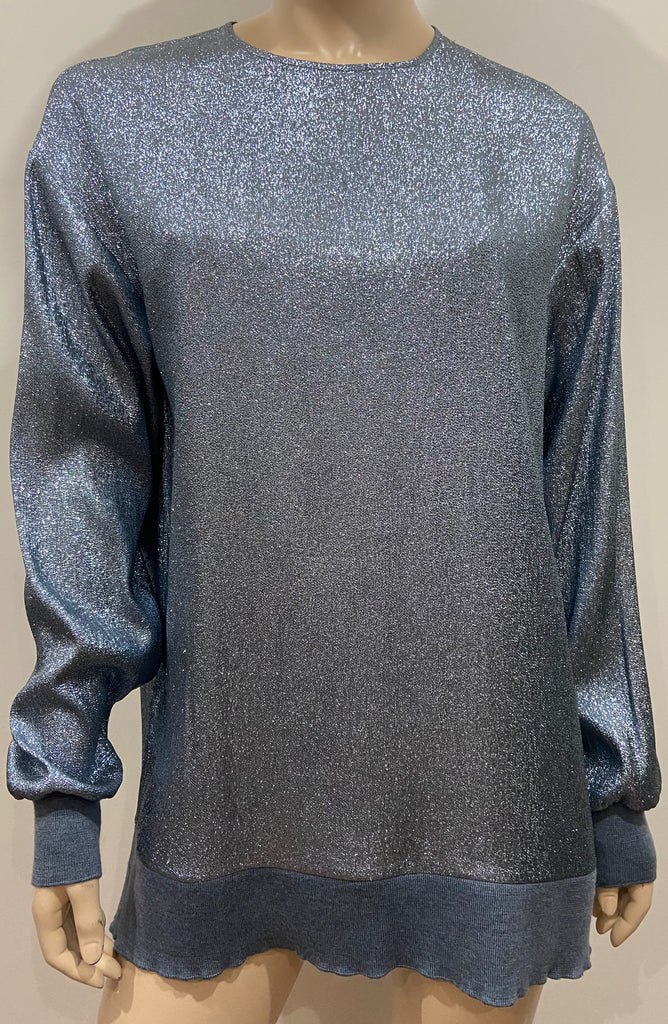 STELLA MCCARTNEY Blue Metallic Silk Blend Rib Trim Jumper Sweater Top 40 UK10