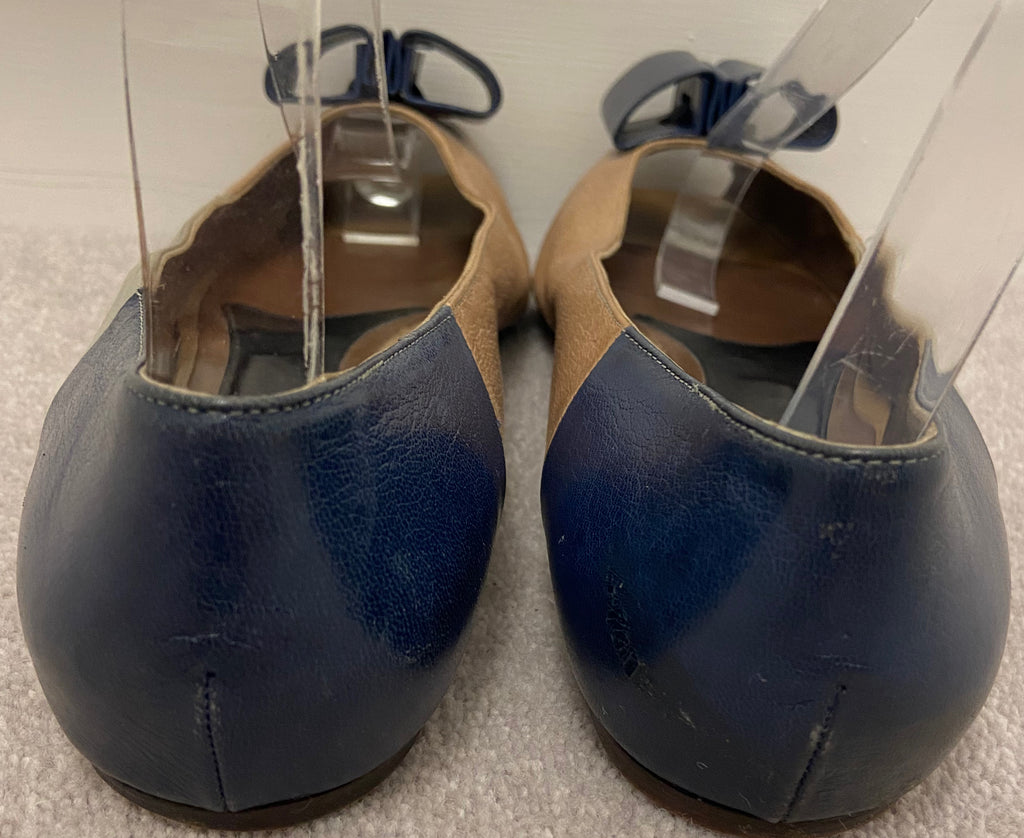 MARNI Beige Blue Grey & Orange Colour Block Leather Peep Bow Toe Shoes EU39 UK6