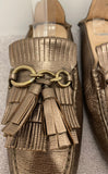 TOD'S Bronze Metallic Leather Tassel & Chain Detail Flat Moccasin Loafers Shoes