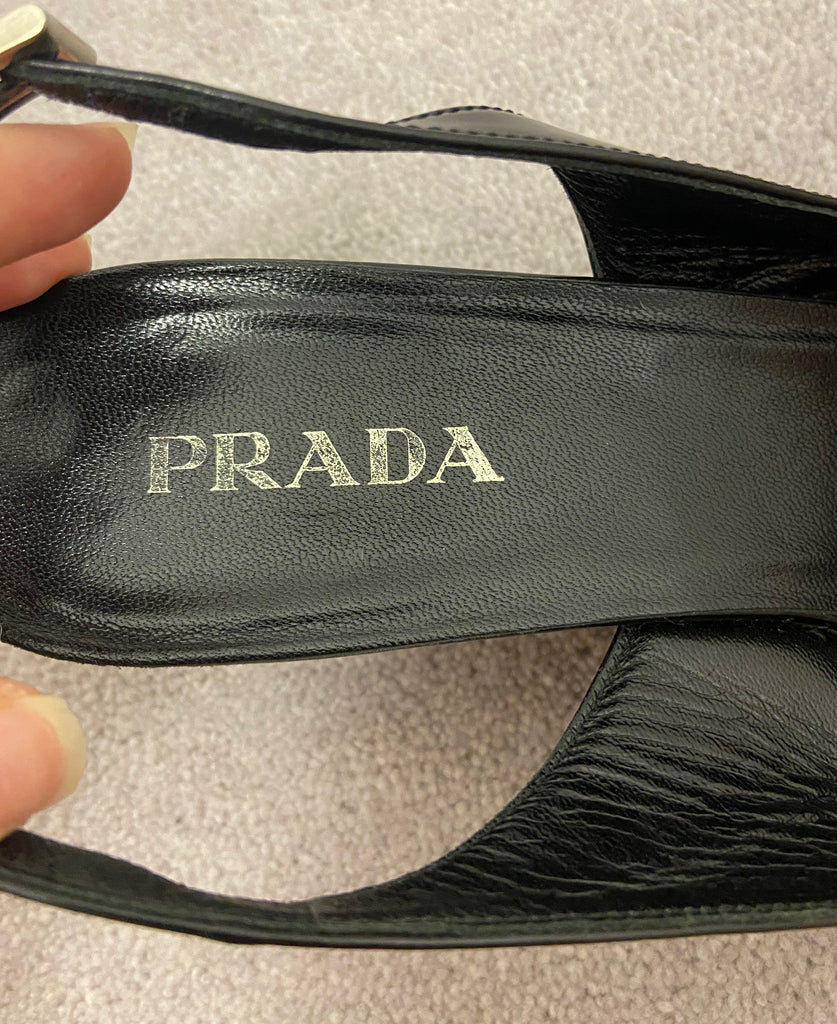 PRADA Women's Black Shined Leather Pointed Toe Slingback Wedge Shoes EU39 UK6