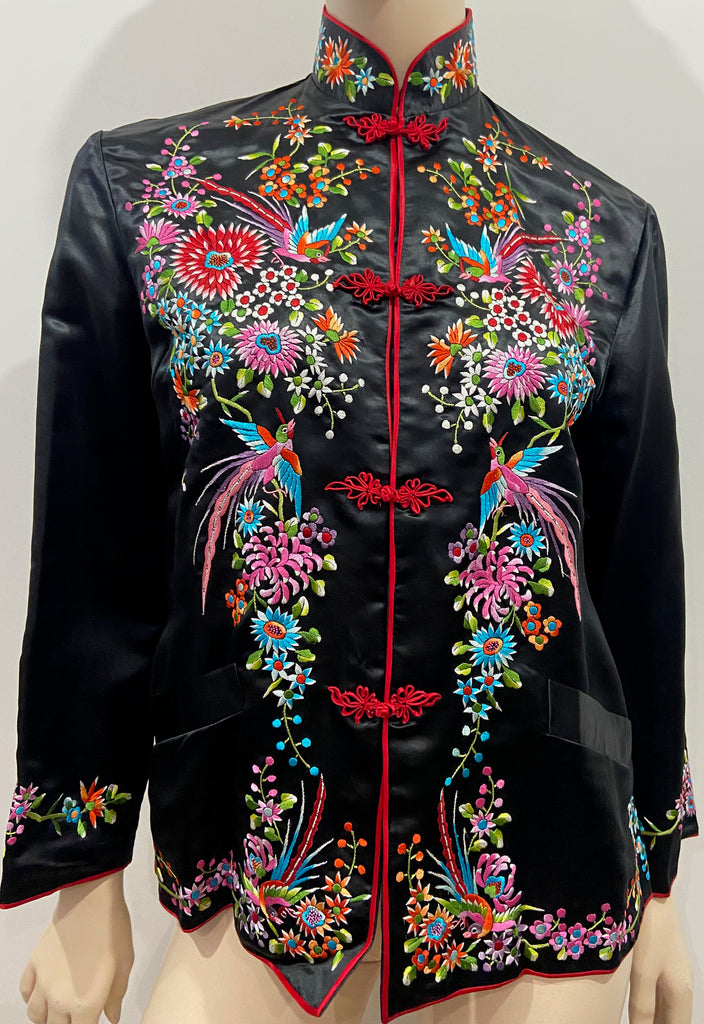 PLUM BLOSSOMS Black Multicolour Embroidered Chinese Kimono Blouse Jacket Top 36