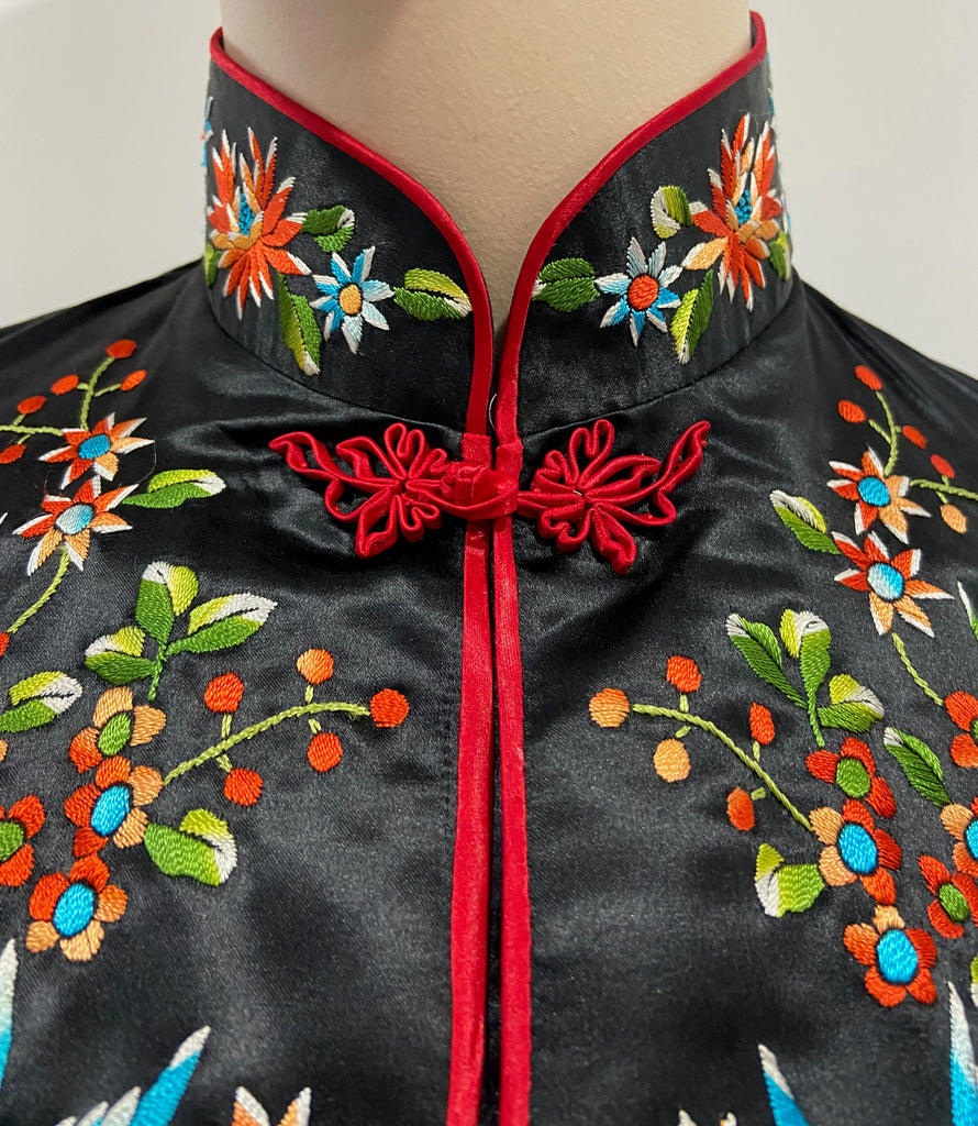 PLUM BLOSSOMS Black Multicolour Embroidered Chinese Kimono Blouse Jacket Top 36